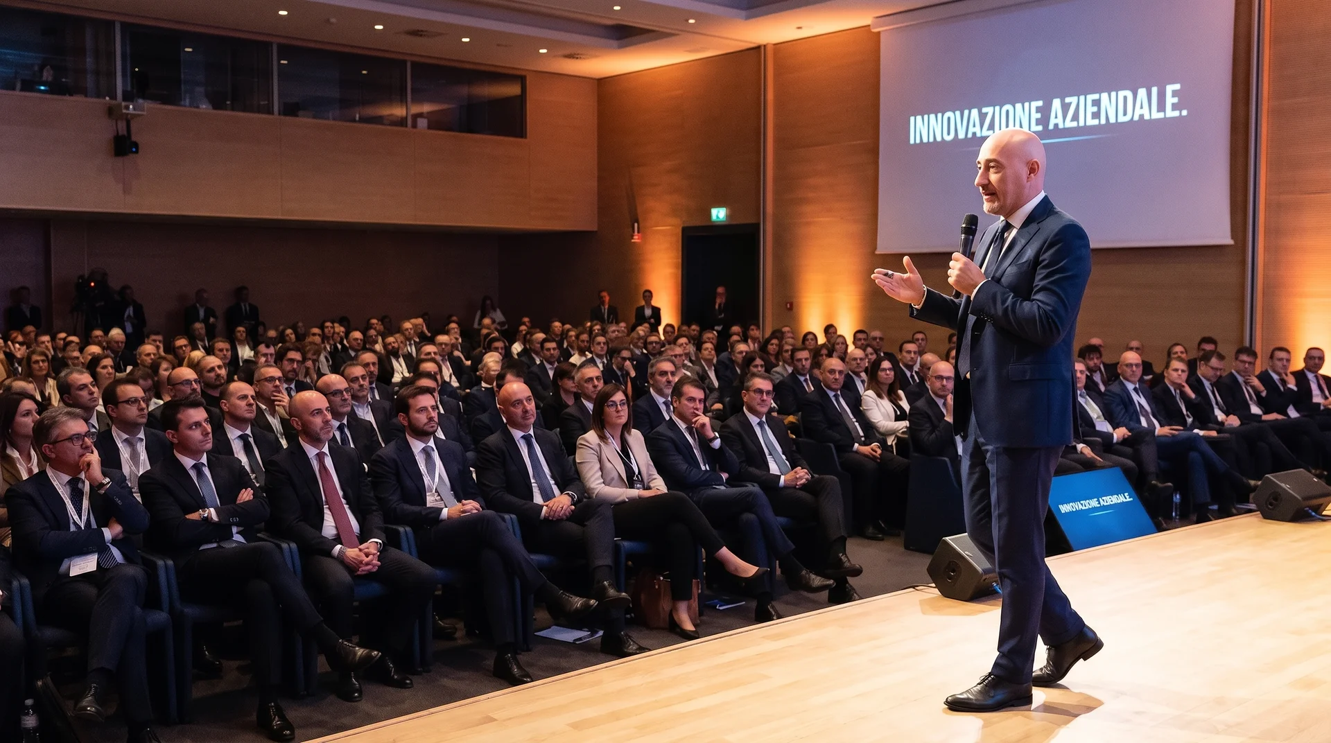 Antonio Argus mentalista su palco durante evento aziendale