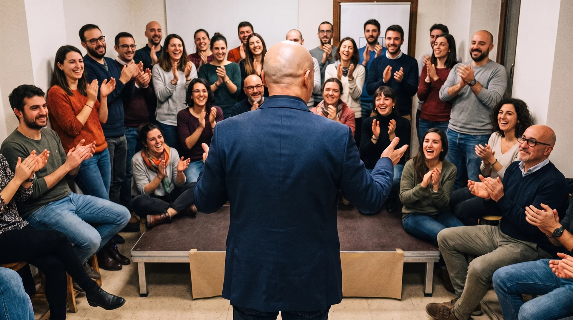 Antonio Argus mentalista in mezzo a un gruppo di colleghi durante un'attività di team building aziendale, gruppo che applaude sorridendo