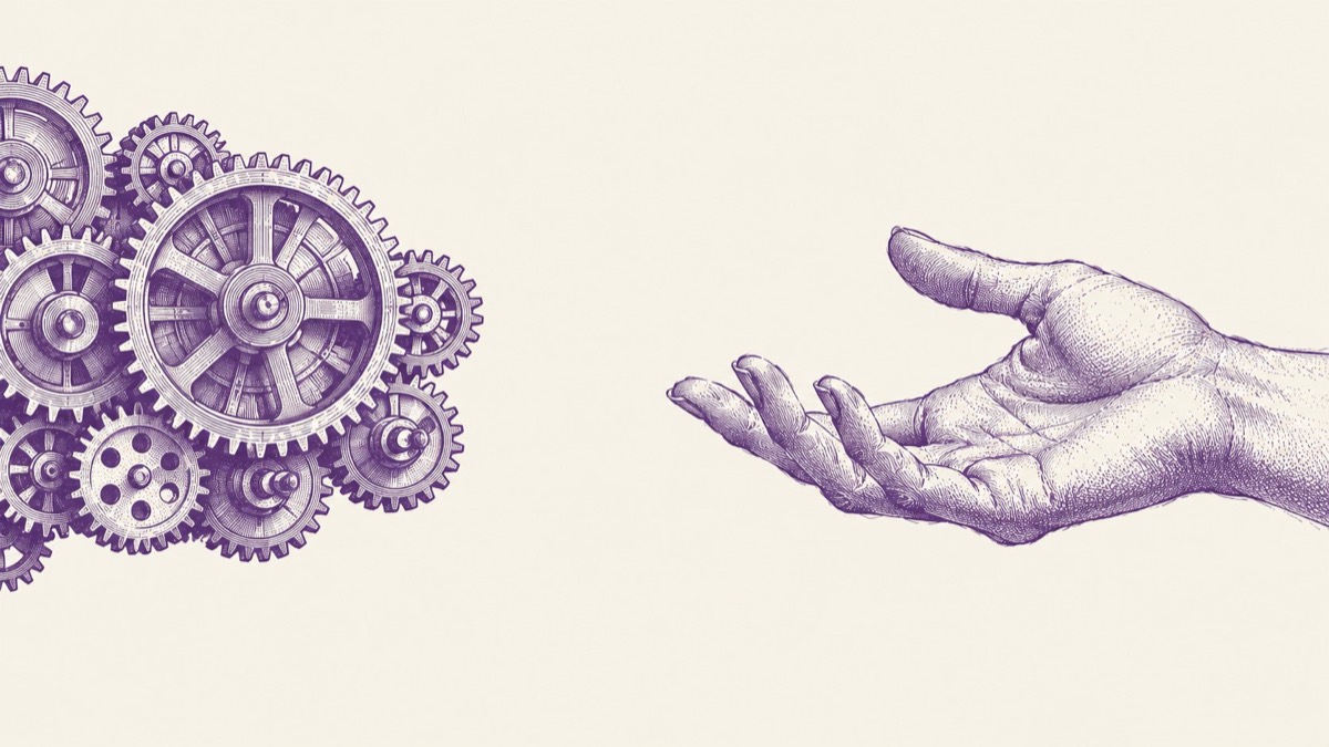 illustrazione che contrappone un meccanismo preciso e un gesto umano, tema dell'intelligenza artificiale e dell'empatia