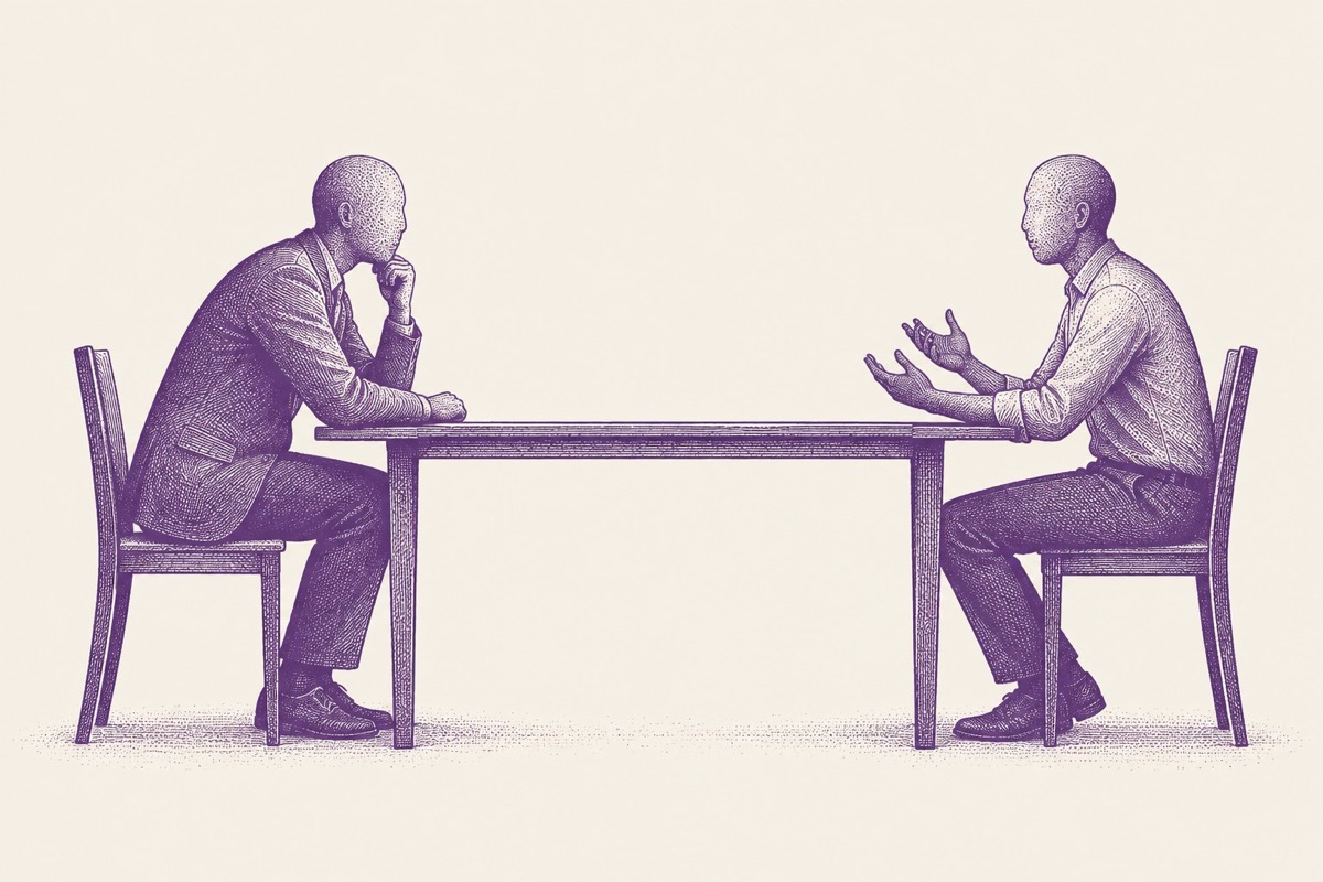 illustrazione di due persone sedute una di fronte all'altra, tema dell'ascolto e dell'attenzione in azienda