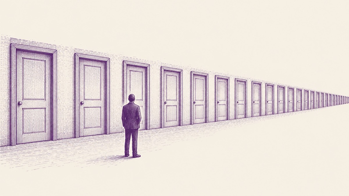 illustrazione di una fila di porte identiche, tema dell'eccesso di opzioni in azienda